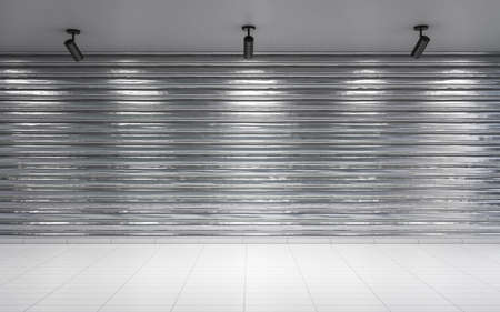 modern emty white studio with metal steel wall gate and spot lights 3d render illustrationの写真素材