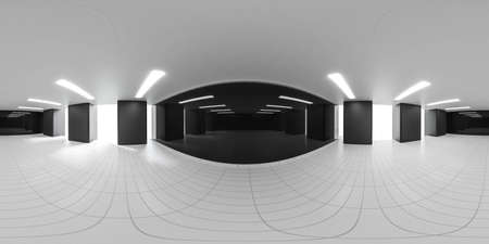 360 degree full panorama environment map of empty black and white production hall laboratory science...