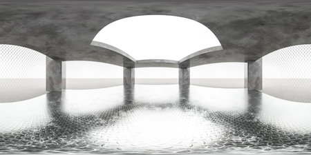 360 degree full panorama environment map of abstract open concrete industrial building with metal fence and floor 3d render illustration hdri hdr vr virtual realityの写真素材