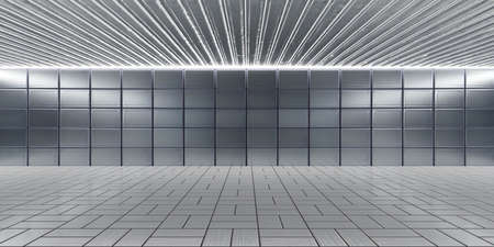 futuristic tiled metal wall shed hall interior 3d render illustration