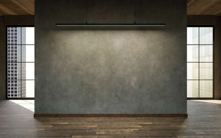 concrete wall with copy space modern industrial design studio loft living room background with big concrete walls. 3d render illustrationの写真素材