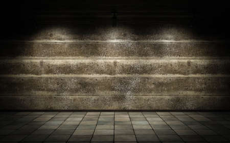 industrial concrete wall studio background with spot lights and tile floor 3d render illustrationの写真素材