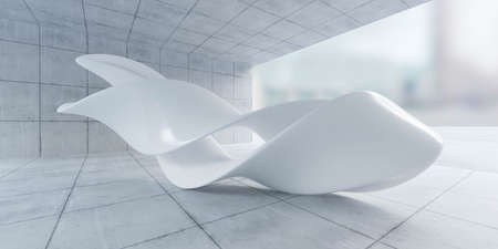 abstract conrete hall with city sky line background and futuristic white object 3d render illustrationの写真素材