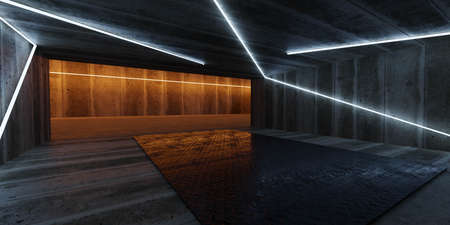 dark empty concrete industrial basement hall futuristic design with blue and orange neon light 3d render illustrationの写真素材