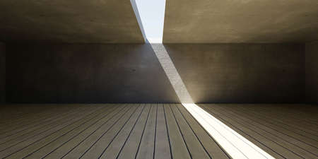 empty concrete basement interior with sky and day lighting and wood plank floor 3d render...
