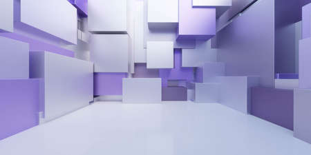 violet and white metal cubes abstract geometric shape building exterior 3d render illustrationの写真素材
