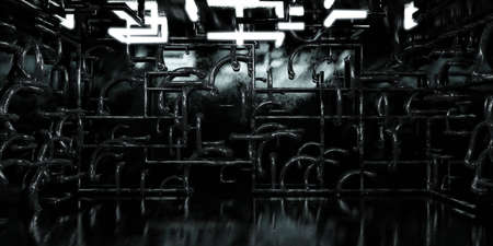 futuristic dark industrial grunge basement with pipes and glowing light 3d render illustration