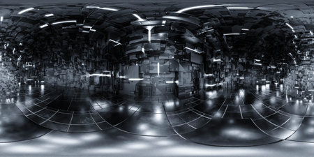 360 degree full panorama environment map of abstract cubic design with metallic technology surface...