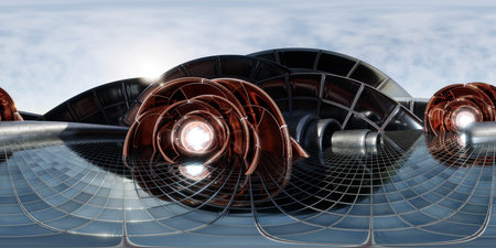 360 degree full panorama environment map of sphere geometric shape futuristic architecture building interior with sky and sun 3d render illustration hdri hdr vr virtual reality contentの写真素材