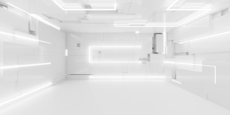 bright white studio futuristic light interior with metallic reflections 3d render illustrationの写真素材