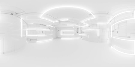 360 degree full panorama environment map of bright white studio futuristic light interior with metallic reflections 3d render illustration hdri hdr vr virtual realityの写真素材