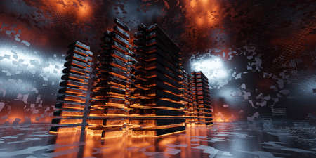 abstract dark futuristic tower building interior with glowing red light 3d render illustration