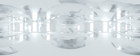 360 degree full panorama environment map of empty white room studio with metal elements 3d render illustration hdri hdr vr virtual reality contentの写真素材