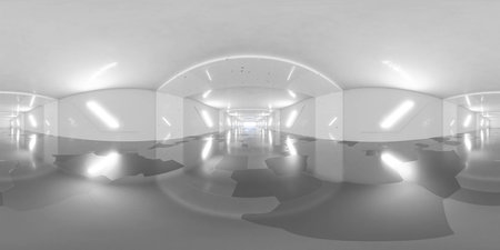 360 degree full panorama environment map of white basement underground tunnel with lights 3d render...
