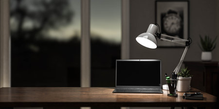 modern office desk in home office with pens, notebook and lamp 3d render illustrationの写真素材
