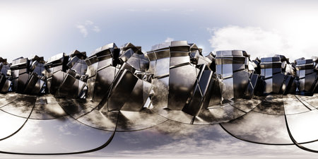 360 degree full panorama environment map of metallic wall of futuristic building in sunny day...