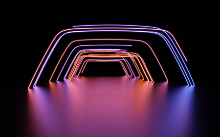Photo of a mesmerizing neon-lit tunnel in the darkness 3d render illustrationの写真素材
