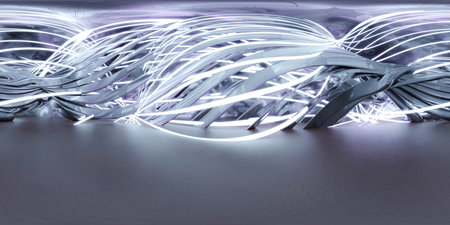 360 degree full panorama environment map of abstract glowing curve geometric shapes hall building...