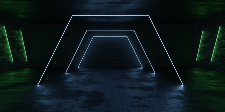 neon-lit tunnel with a mysterious atmosphere 3d render illustrationの写真素材