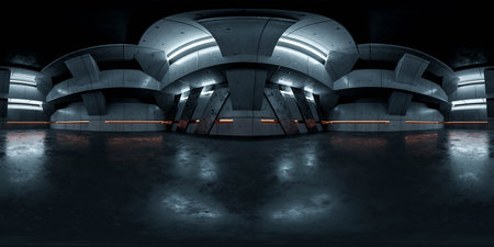 360 degree full panorama environment map of of a futuristic building illuminated with vibrant lights...