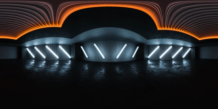 360 degree full panorama environment map of of a mesmerizing tunnel illuminated by colorful lights 3d render illustrationの写真素材