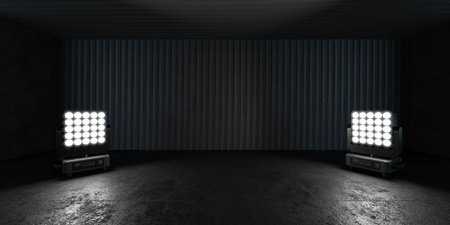 Two spotlights illuminating a dark room with a textured wall in the background 3d render illustrationの写真素材