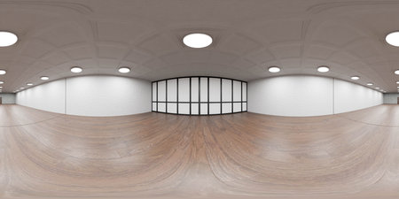 A Spacious Room with Wood Flooring and Ample Natural Light 360 panorama vr environment map 3D render...