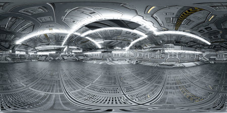 A industrial hall at Night 360 panorama vr environment map 3D render illustration