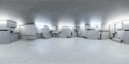 Room Filled With concrete cubes, Minimalist and industrial Interior Decor 360 panorama vr environment mapの写真素材