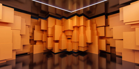 A Room with walls made out of Numerous orange Boxes 3d render illustration