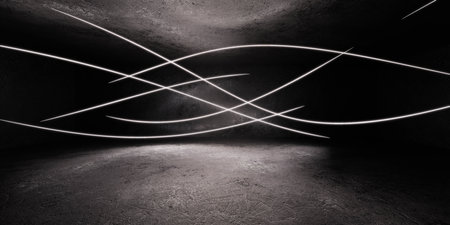 white swinging lights in an industrial empty concrete studio 3d render illustrationの写真素材