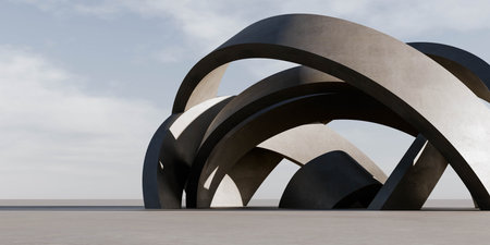 Large Metal Sculpture on Cement Ground 3d render illustrationの写真素材