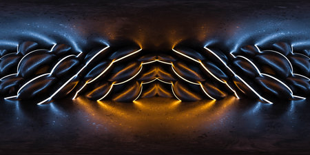 Abstract dar futuristic studio wall golden and blue lighting and round Geometric Shapes360 panorama vr environment mapの写真素材