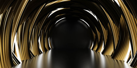 Abstract Golden Spiral Tunnel Illusion With Reflective Surfaces in a Close-Up View 3d render illustrationの写真素材