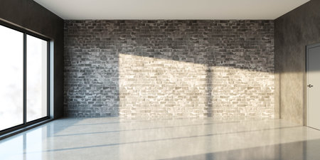 An empty room with a door and a brick wall 3d render illustrationの写真素材