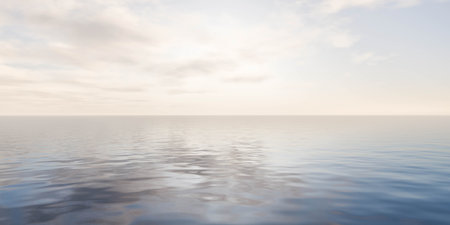 Large water under cloudy sky 3d render illustrationの写真素材