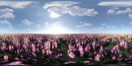 Field of purple flowers under a blue sky 360 panorama vr environment map 3d render illustrationの写真素材