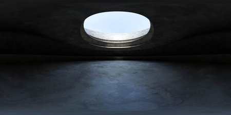 Circular skylight piercing through a dark ceiling on a clear day 360 panorama vr environment map