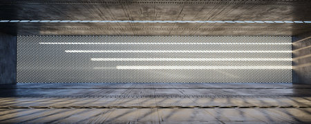 Sunlight streaming through perforated metal wall in modern industrial space 3d render illustrationの写真素材