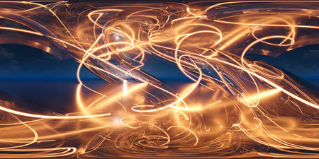 Long exposure light trails captured at dusk in abstract landscape setting 360 panorama vr...