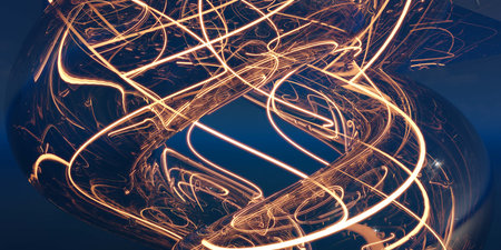 Abstract light trails swirling with dynamic movement against a dark background 3d render illustrationの写真素材