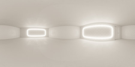 Modern minimalist interior design of an empty white room with unique lighting 360 panorama vr...