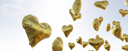 Golden heart-shaped balloons soaring through the sky on a sunny day 3d render illustrationの写真素材