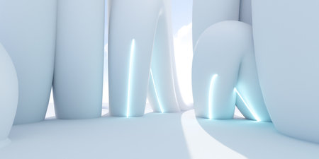 Abstract white interior with blue glowing lines 3d render illustrationの写真素材