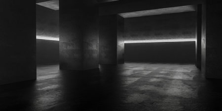 Concrete room with overhead lighting and wet floor 3d render illustration