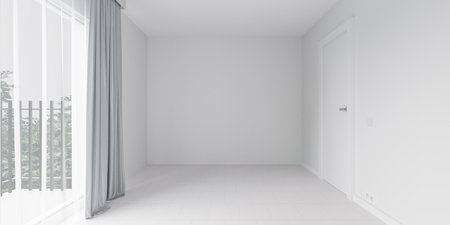 Empty white room with window and door in modern apartment 3d render illustrationの写真素材