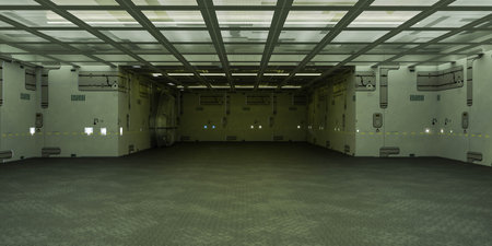 Empty industrial space with grid ceiling and white walls 3d render illustration