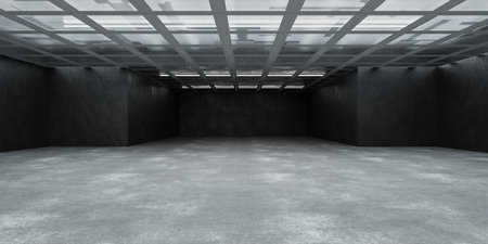 Empty concrete room with grid ceiling 3d render illustrationの写真素材
