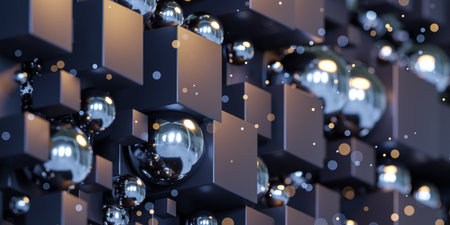 Shiny spheres resting on a patterned black cube surface 3d render illustration