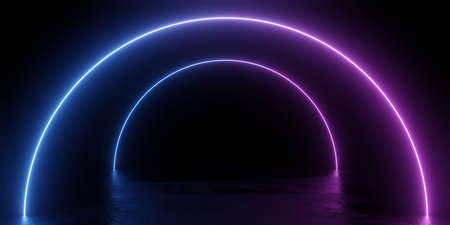Futuristic Neon Arches in Dark Environmentの写真素材